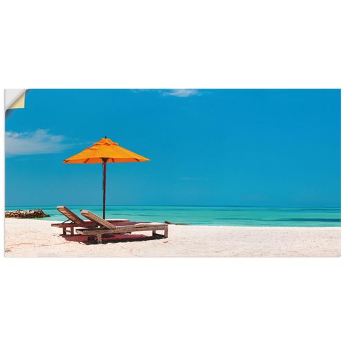 4057738318996 - Wandbild ARTLAND Liegestuhl Sonnenschirm Strand Malediven Bilder Gr B H 100 cm x 50 cm Wandaufkleber - Vinyl Strand Querformat 1 St blau Bild Metallbild Metallbilder Bilder als Alubild Leinwandbild Wandaufkleber oder Poster in versch Größen