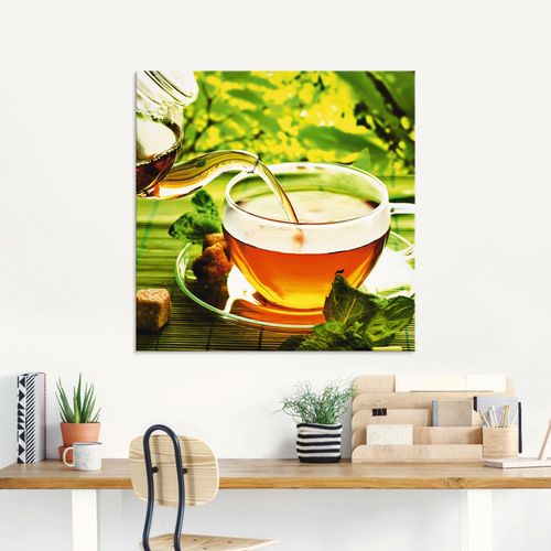4055327038904 - Glasbild ARTLAND Ausgießen eines Gesundheitstees Bilder Gr B H 30 cm x 30 cm Getränke 1 St grün Glasbilder Bilder in verschiedenen Größen