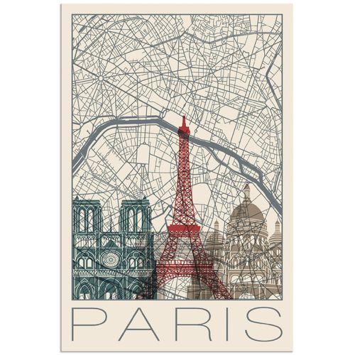 4059745970396 - Wandbild ARTLAND Retro Karte Paris Frankreich und Skyline Bilder Gr B H 20 cm x 30 cm Alu-Dibond-Druck Frankreich Hochformat 1 St beige (naturfarben) Bild Leinwandbild Kunstdrucke Bilder als Alubild Leinwandbild Wandaufkleber oder Poster in versch Größen