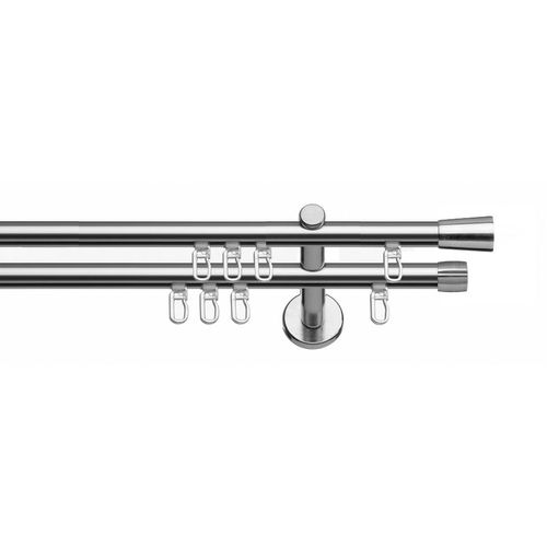 4042627330968 - Gardinenstange INDEKO Arosa Gardinenstangen Gr L 370 cm Ø 16 mm 2 läufig silberfarben (edelstahlfarben) Gardinenstangen nach Maß Innenlauf Komplett-Set inkl Gleitern und Montagematerial