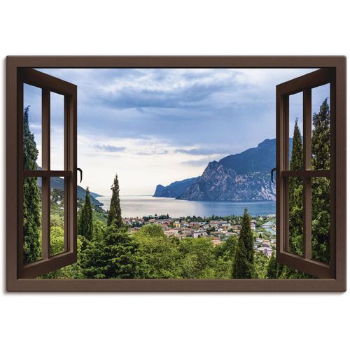 4062144599648 - Wandbild ARTLAND Gardasee durchs braune Fenster Bilder Gr B H 70 cm x 50 cm Leinwandbild Seebilder Querformat 1 St grün Kunstdrucke als Alubild Leinwandbild Wandaufkleber oder Poster in versch Größen