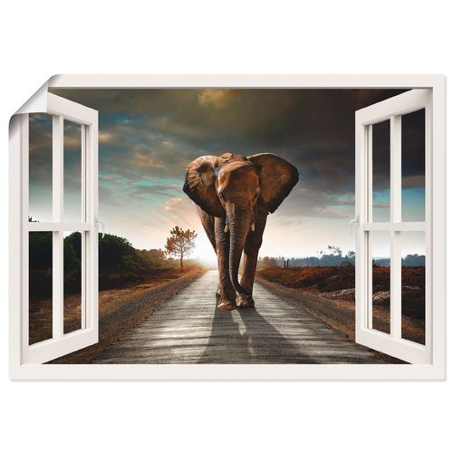 4059745627641 - Wandbild ARTLAND Elefant auf Straße Bilder Gr B H 70 cm x 50 cm Poster Fensterblick Querformat 1 St braun Bild Poster Bilder als Leinwandbild Wandaufkleber oder in versch Größen