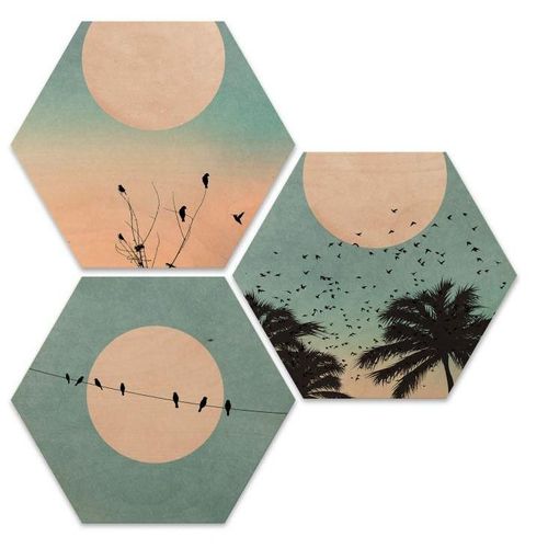 4063129108459 - Holzbild WALL-ART Hexagon Sonnenaufgang Bilder Gr B H T 35 cm x 09 cm x 30 cm 3 St blau Bild Holzbild Holzbilder Bilder