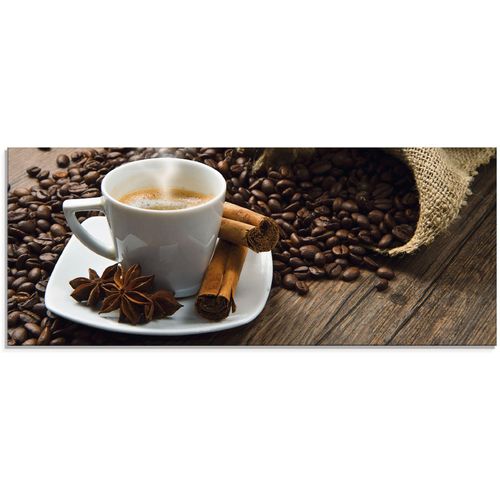 4058661633200 - Glasbild ARTLAND Kaffeetasse Leinensack mit Kaffeebohnen Bilder Gr B H 125 cm x 50 cm Glasbild Getränke 1 St braun Glasbilder in verschiedenen Größen