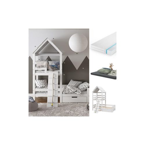 4066731052417 - VitaliSpa Spielturmbett Kinderbett Spielbett Teddy Weiß modern 208x235 cm Massivholz Kinderzimmer Lattenrost Bett Schublade Matratze Abenteuerbett Kletterbett