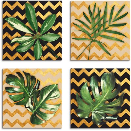 4062144354063 - Leinwandbild ARTLAND Blätter Zickzack-Muster Bilder Gr B H 30 cm x 30 cm Leinwandbild Blätter quadratisch 4 St grün Bild Leinwandbild Leinwandbilder Bilder 4er Set verschiedene Größen