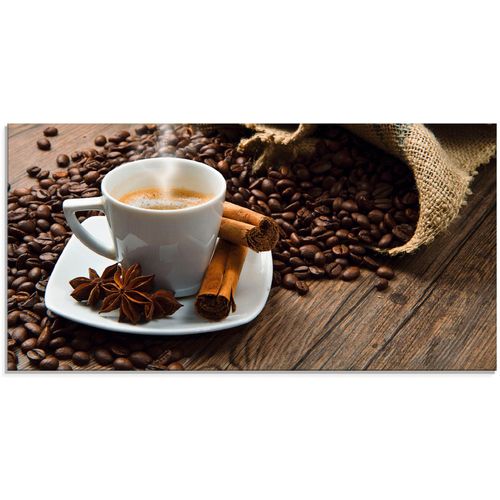 4058661633262 - Glasbild ARTLAND Kaffeetasse Leinensack mit Kaffeebohnen Bilder Gr B H 60 cm x 30 cm Getränke 1 St braun Glasbilder Bilder in verschiedenen Größen