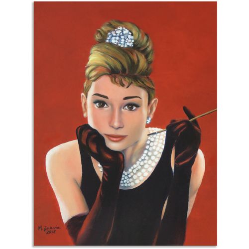 4062144084083 - Wandbild ARTLAND Audrey Hepburn Porträt Bilder Gr B H 45 cm x 60 cm Alu-Dibond-Druck Stars Hochformat 1 St rot Bild Poster Bilder als Alubild Leinwandbild Wandaufkleber oder in versch Größen