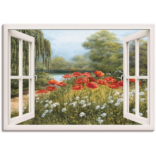 4059745627238 - Wandbild ARTLAND Fensterblick Mohnwiese Bilder Gr B H 100 cm x 70 cm Leinwandbild Fensterblick 1 St grün Bild Poster Bilder als Leinwandbild Wandaufkleber oder in versch Größen