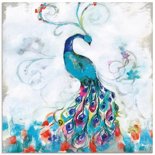 4058661369734 - Glasbild ARTLAND Konfettipfau I Bilder Gr B H 30 cm x 30 cm Glasbild Vögel quadratisch 1 St blau Bild Glasbild Glasbilder Bilder in verschiedenen Größen