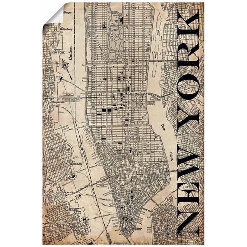 4062144191675 - Wandbild ARTLAND New York Karte Straßen Grunge Bilder Gr B H 40 cm x 60 cm Poster Amerika Hochformat 1 St beige (naturfarben) Bild Poster Bilder als Alubild Leinwandbild Wandaufkleber oder in versch Größen