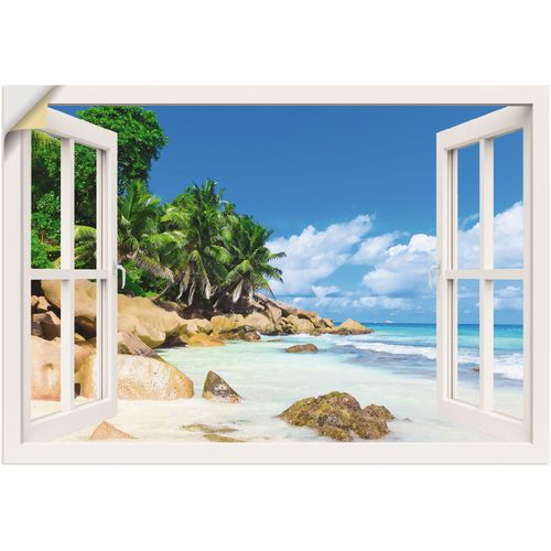 4062144600559 - Wandbild ARTLAND Küste mit Palmen durchs Fenster Bilder Gr B H 100 cm x 70 cm Wandaufkleber - Vinyl Karibikbilder Querformat 1 St blau Kunstdrucke als Alubild Leinwandbild Wandaufkleber oder Poster in versch Größen