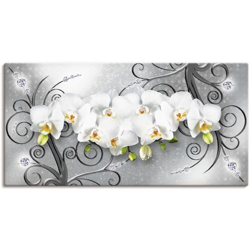 4062144594117 - Wandbild ARTLAND weiße Orchideen auf Ornamenten Bilder Gr B H 100 cm x 50 cm Leinwandbild Blumenbilder Querformat 1 St grau Kunstdrucke als Alubild Leinwandbild Wandaufkleber oder Poster in versch Größen