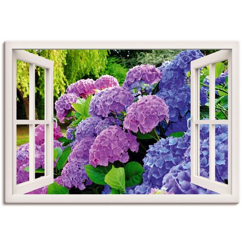 4057738334170 - Wandbild ARTLAND Fensterblick Hortensien im Garten Bilder Gr B H 70 cm x 50 cm Leinwandbild Blumen Querformat 1 St lila Bild Leinwandbild Kunstdrucke Bilder als Alubild Leinwandbild Wandaufkleber oder Poster in versch Größen