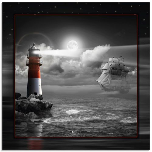 4059745060547 - Glasbild ARTLAND Leuchtturm und Segelschiff im Mondschein Bilder Gr B H 40 cm x 40 cm Glasbild Küste quadratisch 1 St schwarz Bild Glasbild Glasbilder Bilder in verschiedenen Größen
