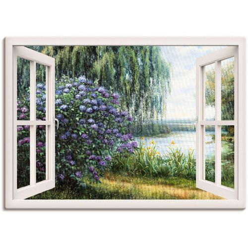 4058661451415 - Wandbild ARTLAND Hortensien am See Bilder Gr B H 70 cm x 50 cm Leinwandbild Fensterblick Querformat 1 St grün Kunstdrucke als Leinwandbild Wandaufkleber oder Poster in versch Größen