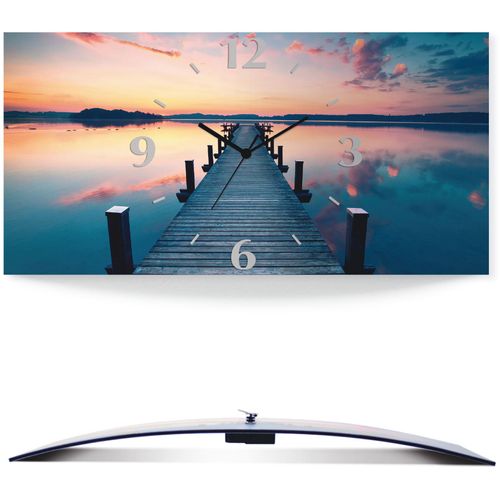 4059745812504 - Wanduhr ARTLAND Langer Pier am See im Sonnenaufgang blau Wanduhren B H T 60cm x 30cm x 03cm Funkuhr 3D Optik gebogen mit Quarz- oder Funkuhrwerk versch Größen B60cm H30cm T03cm