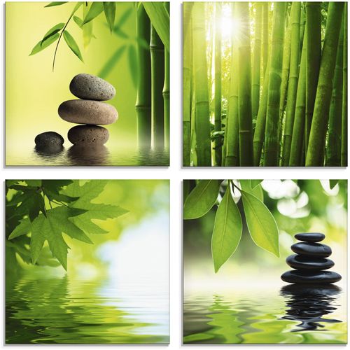 4055327810159 - Glasbild ARTLAND Spa Stillleben Bambus Steinpyramide grün Bilder B H 30cm x 30cm Glasbild Zen 4 St Glas in verschiedenen Größen B30cm H30cm