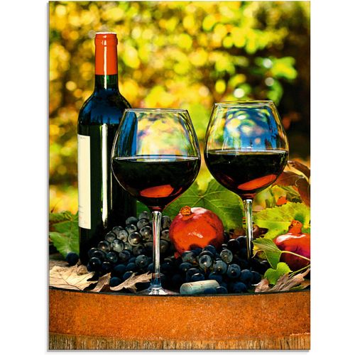 4058661623058 - Glasbild ARTLAND Gläser Rotwein auf altem Fass Bilder Gr B H 60 cm x 80 cm Glasbild Getränke 1 St grün Glasbilder in verschiedenen Größen