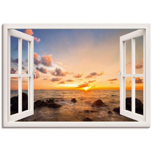 4059745735254 - Wandbild ARTLAND Fensterblick Sonnenuntergang am Meer Bilder Gr B H 70 cm x 50 cm Leinwandbild Fensterblick 1 St weiß Bild Metallbild Metallbilder Bilder als Alubild Leinwandbild Wandaufkleber oder Poster in versch Größen