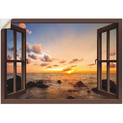 4059745735179 - Wandbild ARTLAND Fensterblick Sonnenuntergang am Meer Bilder Gr B H 100 cm x 70 cm Wandaufkleber - Vinyl Fensterblick 1 St braun Bild Poster Bilder als Alubild Leinwandbild Wandaufkleber oder in versch Größen