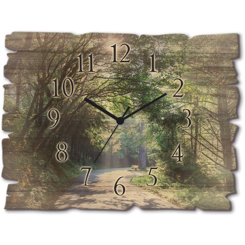 4062144606360 - Wanduhr ARTLAND Holzuhr Sonniger Wald Wanduhren Gr B H T 40 cm x 30 cm x 06 cm Quarzuhr grün Wanduhren wahlweise mit Quarz- oder Funhuhrwerk lautlos ohne Tickgeräusche