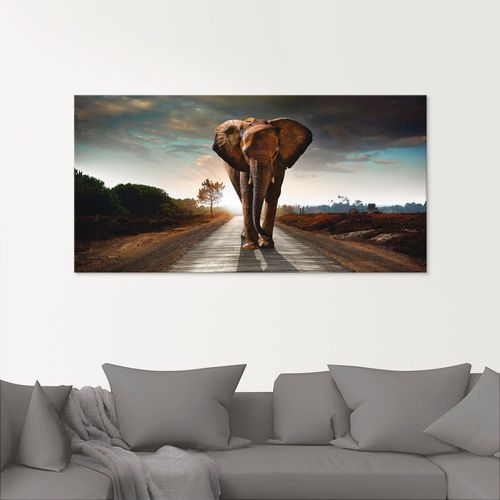 4062144533659 - Glasbild ARTLAND Ein Elefant läuft auf der Straße Bilder Gr B H 80 cm x 60 cm Glasbild Wildtiere 1 St braun Glasbilder in verschiedenen Größen