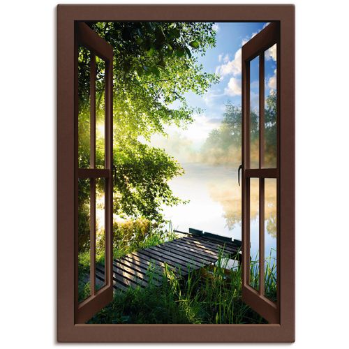 4059745735728 - Wandbild ARTLAND Fensterblick Angelsteg am Fluss Bilder Gr B H 50 cm x 70 cm Leinwandbild Fensterblick 1 St braun Bild Metallbild Metallbilder Bilder als Alubild Leinwandbild Wandaufkleber oder Poster in versch Größen