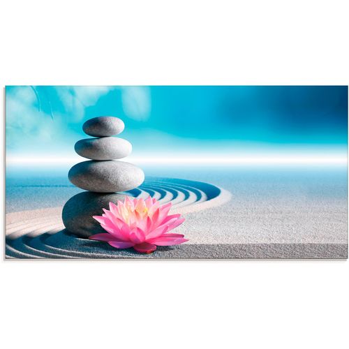 4058661450524 - Glasbild ARTLAND Sand Lilie und Spa-Steine in Zen-Garten Bilder Gr B H 100 cm x 50 cm Glasbild Zen 1 St blau Glasbilder in verschiedenen Größen