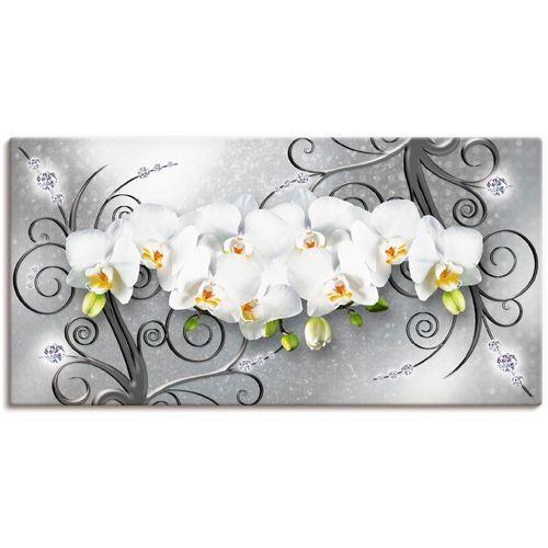 4062144594131 - Wandbild ARTLAND weiße Orchideen auf Ornamenten Bilder Gr B H 60 cm x 30 cm Leinwandbild Blumenbilder Querformat 1 St grau Kunstdrucke als Alubild Leinwandbild Wandaufkleber oder Poster in versch Größen