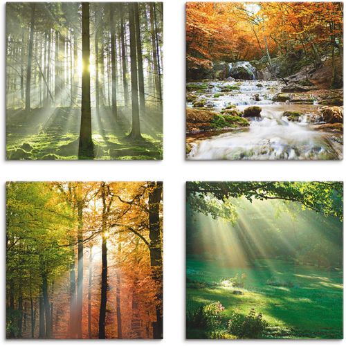 4062144357668 - Leinwandbild ARTLAND Wald Wasserfall Herbsttag Bilder Gr B H 40 cm x 40 cm Leinwandbild Wald quadratisch 4 St grün Bild Leinwandbild Leinwandbilder Bilder 4er Set verschiedene Größen