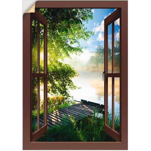 4059745735742 - Wandbild ARTLAND Fensterblick Angelsteg am Fluss Bilder Gr B H 70 cm x 100 cm Wandaufkleber - Vinyl Fensterblick 1 St braun Bild Metallbild Metallbilder Bilder als Alubild Leinwandbild Wandaufkleber oder Poster in versch Größen