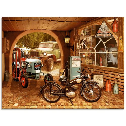 4059745895910 - Glasbild ARTLAND Werkstatt mit Traktor und Motorrad Bilder Gr B H 80 cm x 60 cm Glasbild Traktoren Querformat 1 St braun Bild Glasbild Glasbilder Bilder in verschiedenen Größen