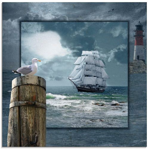4055327372145 - Glasbild ARTLAND Maritime Collage mit Segelschiff Bilder Gr B H 20 cm x 20 cm Glasbild Boote & Schiffe quadratisch 1 St blau Bild Glasbild Glasbilder Bilder in verschiedenen Größen