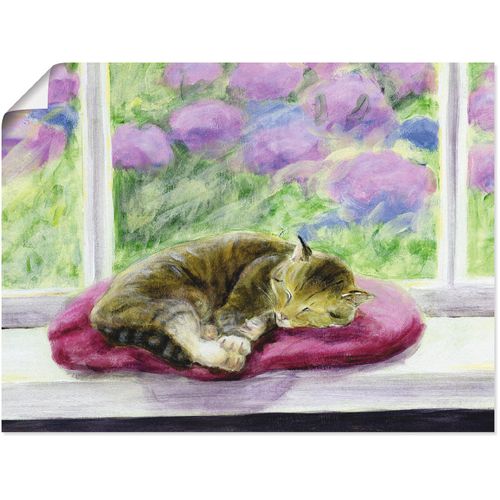 4055327386074 - Wandbild ARTLAND Katze auf Gartenfensterbank Bilder Gr B H 40 cm x 30 cm Poster Haustiere 1 St lila Bild Kunstdruck Poster Bilder als Leinwandbild Wandaufkleber oder in versch Größen