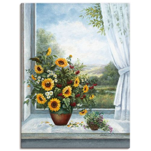 4055327155168 - Wandbild ARTLAND Sonnenblumen am Fenster Bilder Gr B H 45 cm x 60 cm Leinwandbild Arrangements 1 St blau Bild Poster Bilder als Alubild Leinwandbild Wandaufkleber oder in versch Größen