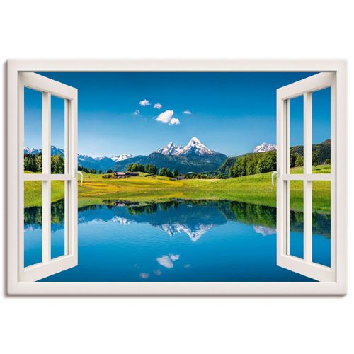 4057738334583 - Wandbild ARTLAND Fensterblick Alpen und Bergsee Bilder Gr B H 70 cm x 50 cm Leinwandbild Berge Querformat 1 St blau Bild Leinwandbild Kunstdrucke Bilder als Alubild Leinwandbild Wandaufkleber oder Poster in versch Größen