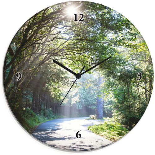 4062144604625 - Wanduhr ARTLAND Glasuhr rund Sonniger Wald Wanduhren Gr B H T 30 cm x 30 cm x 18 cm Quarzuhr grün Wanduhren wahlweise mit Quarz- oder Funhuhrwerk lautlos ohne Tickgeräusche