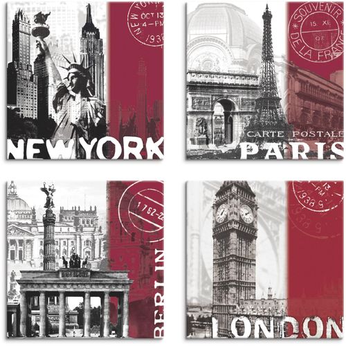 4062144353448 - Leinwandbild ARTLAND New York Paris Berlin London_bordeauxrot Bilder Gr B H 30 cm x 30 cm Leinwandbild Gebäude quadratisch 4 St rot Bild Leinwandbild Leinwandbilder Bilder 4er Set verschiedene Größen