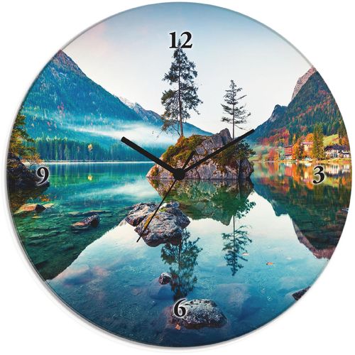 4062144603871 - Wanduhr ARTLAND Glasuhr rund Herbstszene des Hintersee vor Alpen Wanduhren Gr B H T 30 cm x 30 cm x 18 cm Funkuhr blau Wanduhren wahlweise mit Quarz- oder Funhuhrwerk lautlos ohne Tickgeräusche