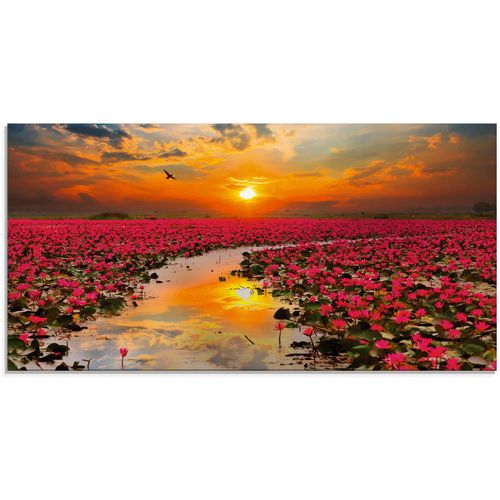 4058661450609 - Glasbild ARTLAND Sonnenschein blühende Lotusblume Bilder Gr B H 100 cm x 50 cm Glasbild Blumen 1 St orange Glasbilder in verschiedenen Größen