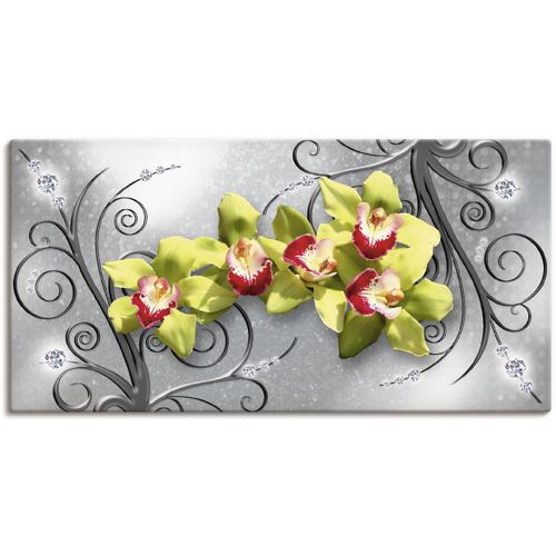 4062144595282 - Wandbild ARTLAND Grüne Orchideen auf Ornamenten Bilder Gr B H 60 cm x 30 cm Leinwandbild Blumenbilder Querformat 1 St grün Kunstdrucke als Alubild Leinwandbild Wandaufkleber oder Poster in versch Größen