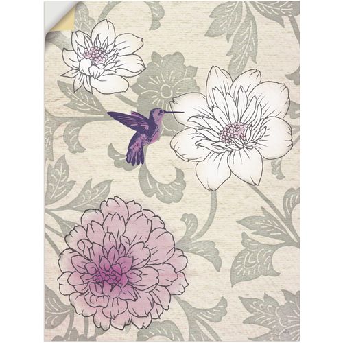4057738232766 - Wandbild ARTLAND Blumenmuster mit Kolibri Bilder Gr B H 60 cm x 80 cm Wandaufkleber - Vinyl Blumen 1 St grau Bild Poster Bilder als Alubild Leinwandbild Wandaufkleber oder in versch Größen
