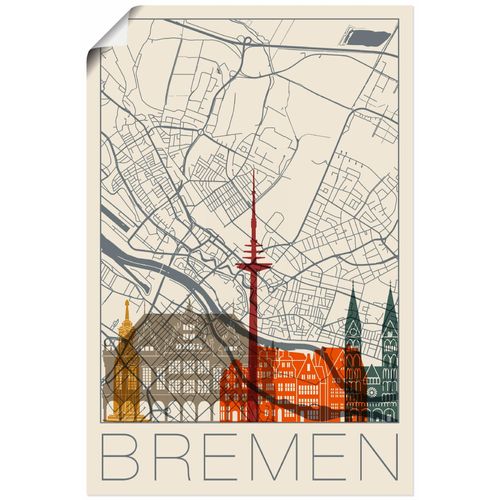 4059745964494 - Wandbild ARTLAND Retro Karte Bremen Bilder Gr B H 60 cm x 90 cm Poster Deutschland Hochformat 1 St beige (naturfarben) Bild Poster Bilder als Alubild Leinwandbild Wandaufkleber oder in versch Größen