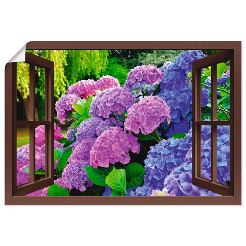 4057738335559 - Wandbild ARTLAND Fensterblick - Hortensien im Garten Bilder Gr B H 70 cm x 50 cm Poster Blumen Querformat 1 St lila Bild Leinwandbild Kunstdrucke Bilder als Alubild Leinwandbild Wandaufkleber oder Poster in versch Größen