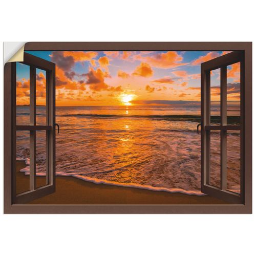 4058661278333 - Wandbild ARTLAND Fensterblick Sonnenuntergang am Strand Bilder Gr B H 130 cm x 90 cm Wandaufkleber - Vinyl Sonnenaufgang & -untergang Querformat 1 St braun Bild Leinwandbild Kunstdrucke Bilder als Leinwandbild Wandaufkleber oder Poster in versch Größen