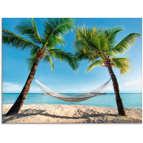 4057738059004 - Glasbild ARTLAND Palmenstrand Karibik mit Hängematte Bilder Gr B H 80 cm x 60 cm Glasbild Amerika 1 St blau Glasbilder in verschiedenen Größen