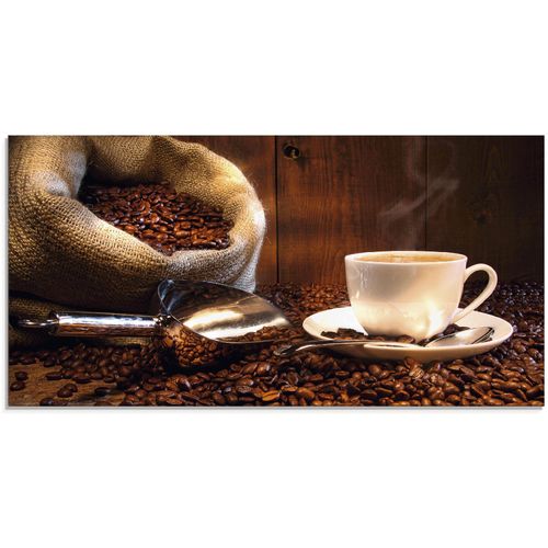 4058661632876 - Glasbild ARTLAND Kaffeetasse und Leinensack auf Tisch Bilder Gr B H 60 cm x 30 cm Getränke 1 St braun Glasbilder Bilder in verschiedenen Größen