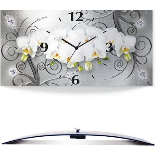 4062144604175 - Wanduhr ARTLAND weiße Orchideen auf Ornamenten Wanduhren Gr B H T 60 cm x 30 cm x 03 cm Funkuhr grau Wanduhren 3D Optik gebogen mit Quarz- oder Funkuhrwerk versch Größen
