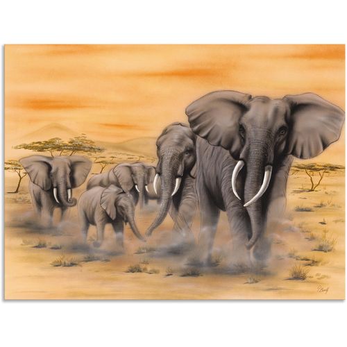 4057738412885 - Wandbild ARTLAND Steppenelefanten Bilder Gr B H 80 cm x 60 cm Alu-Dibond-Druck Elefanten Bilder Querformat 1 St orange Kunstdrucke als Alubild Leinwandbild Wandaufkleber oder Poster in versch Größen